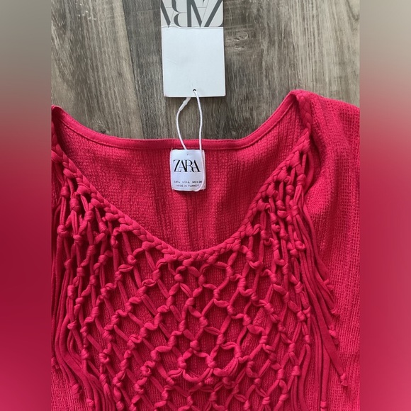 ZARA Women's Red Crochet Knotted Bib Maxi Dress 3/4 Sleeve dress Large NWT - Picture 4 of 4